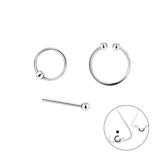 Mixed Nose Jewelry Set, 2 Nose Rings, 1 Nose Stud - 925 Sterling Silver Women's Jewelry