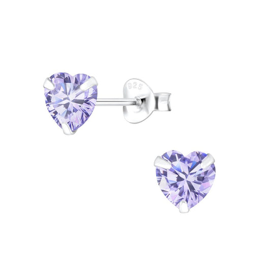 6mm Heart Cubic Zirconia Silver Stud Earrings - Lavender - 925 Sterling Silver