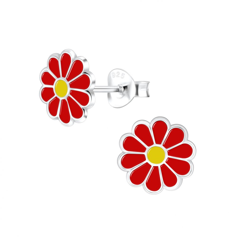 Red Daisy Flower Stud Earrings - 925 Sterling Silver Women's Jewelry