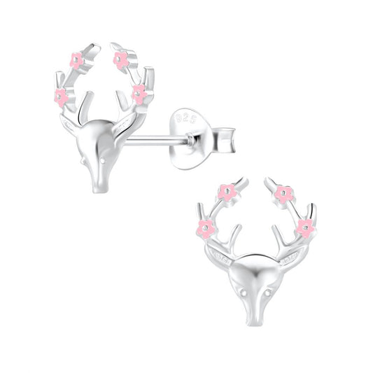 Silver Reindeer Stud Earrings Pink Accents - 925 Sterling Silver Women's Jewelry