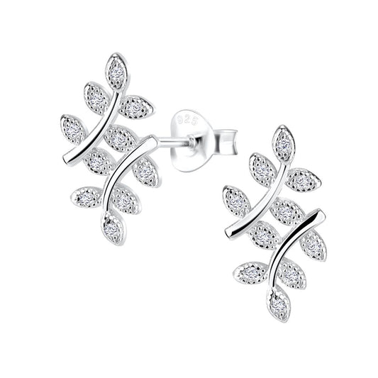 Silver Olive Leaf Stud Earrings - White - 925 Sterling Silver