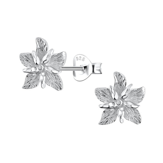 Silver Flower Stud Earrings Fine Details - 925 Sterling Silver Women's Jewelry