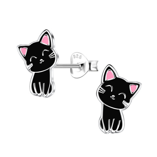 Black Cat Stud Earrings - 925 Sterling Silver