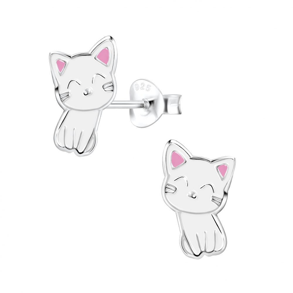 White Cat Stud Earrings - 925 Sterling Silver