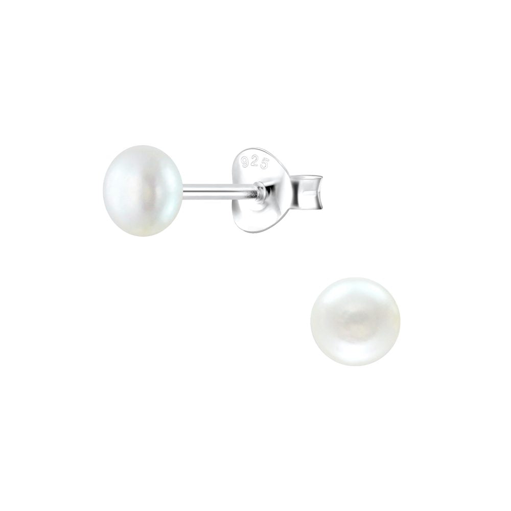 4mm Fresh Water Pearl Silver Stud Earrings - White - 925 Sterling Silver Women's Jewelry