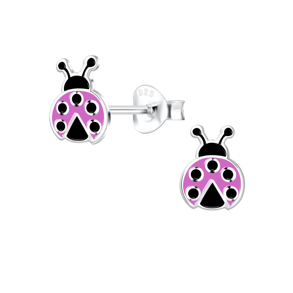 Pink Silver Ladybug Stud Earrings - 925 Sterling Silver Women's Jewelry