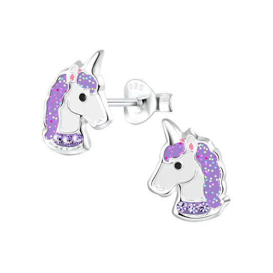 Purple Unicorn Head Stud Earrings - 925 Sterling Silver