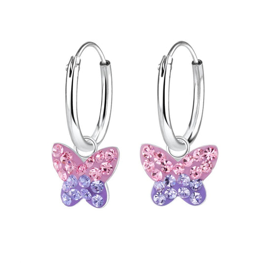 Butterfly Crystal Charm Hoop Earrings - 12mm - 925 Sterling Silver