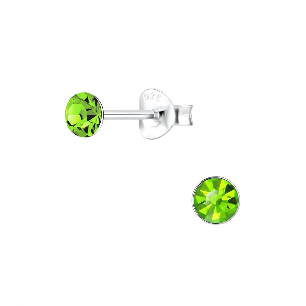 4mm Round Crystal Silver Stud Earrings - Peridot - 925 Sterling Silver