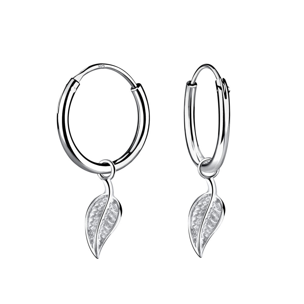 Silver Leaf Charm Hoop Earrings - 925 Sterling Silver Women's Jewelry