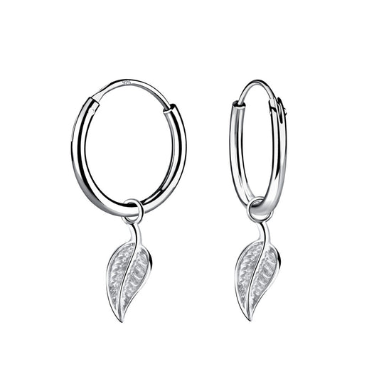 Silver Leaf Charm Hoop Earrings - 925 Sterling Silver Women's Jewelry