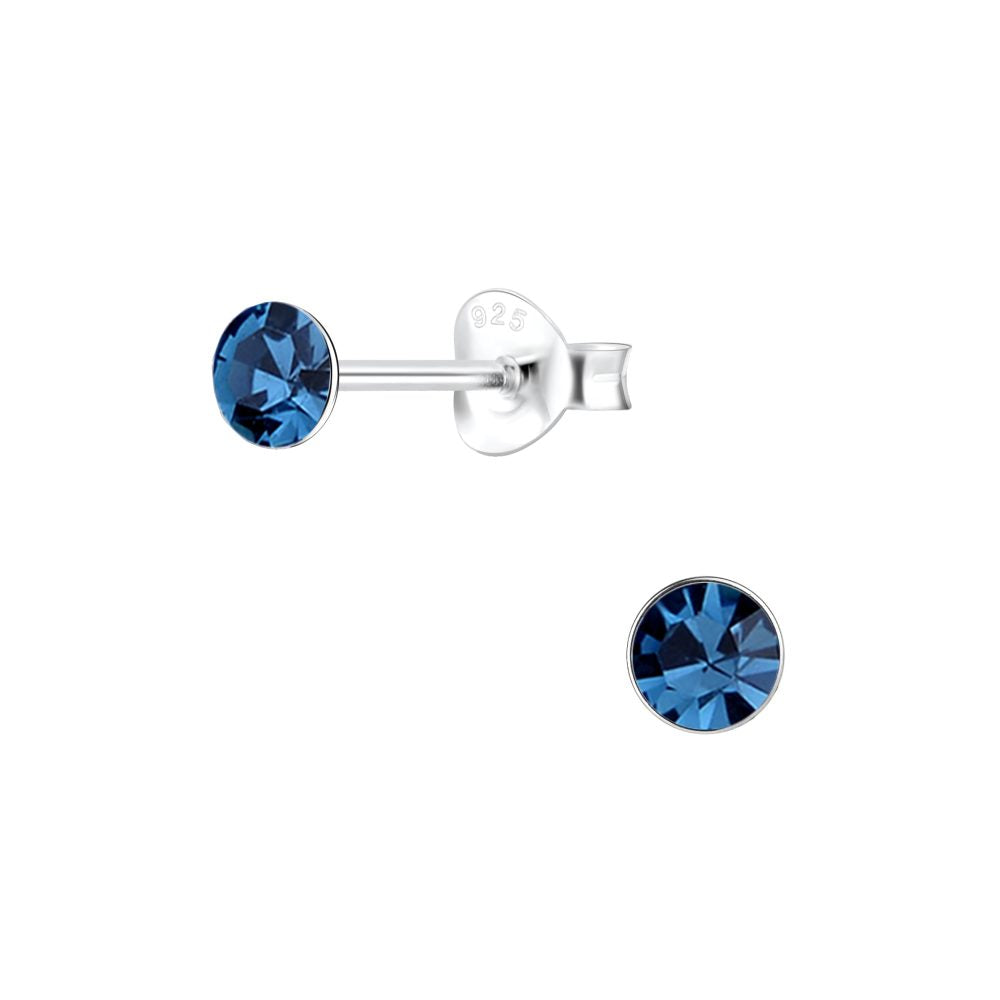 4mm Round Crystal Silver Stud Earrings - Montana - 925 Sterling Silver Women's Jewelry