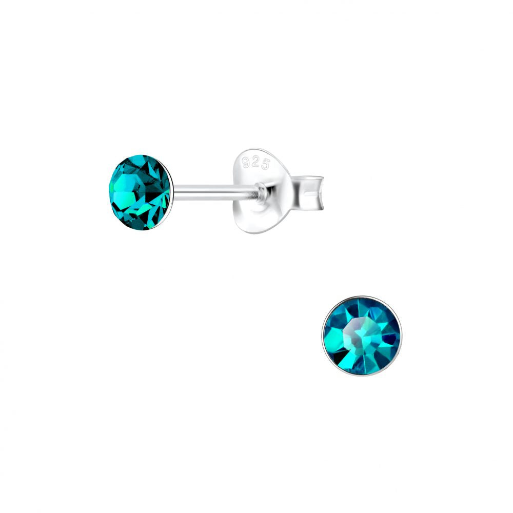 4mm Round Crystal Silver Stud Earrings - Blue Zircon - 925 Sterling Silver Women's Jewelry