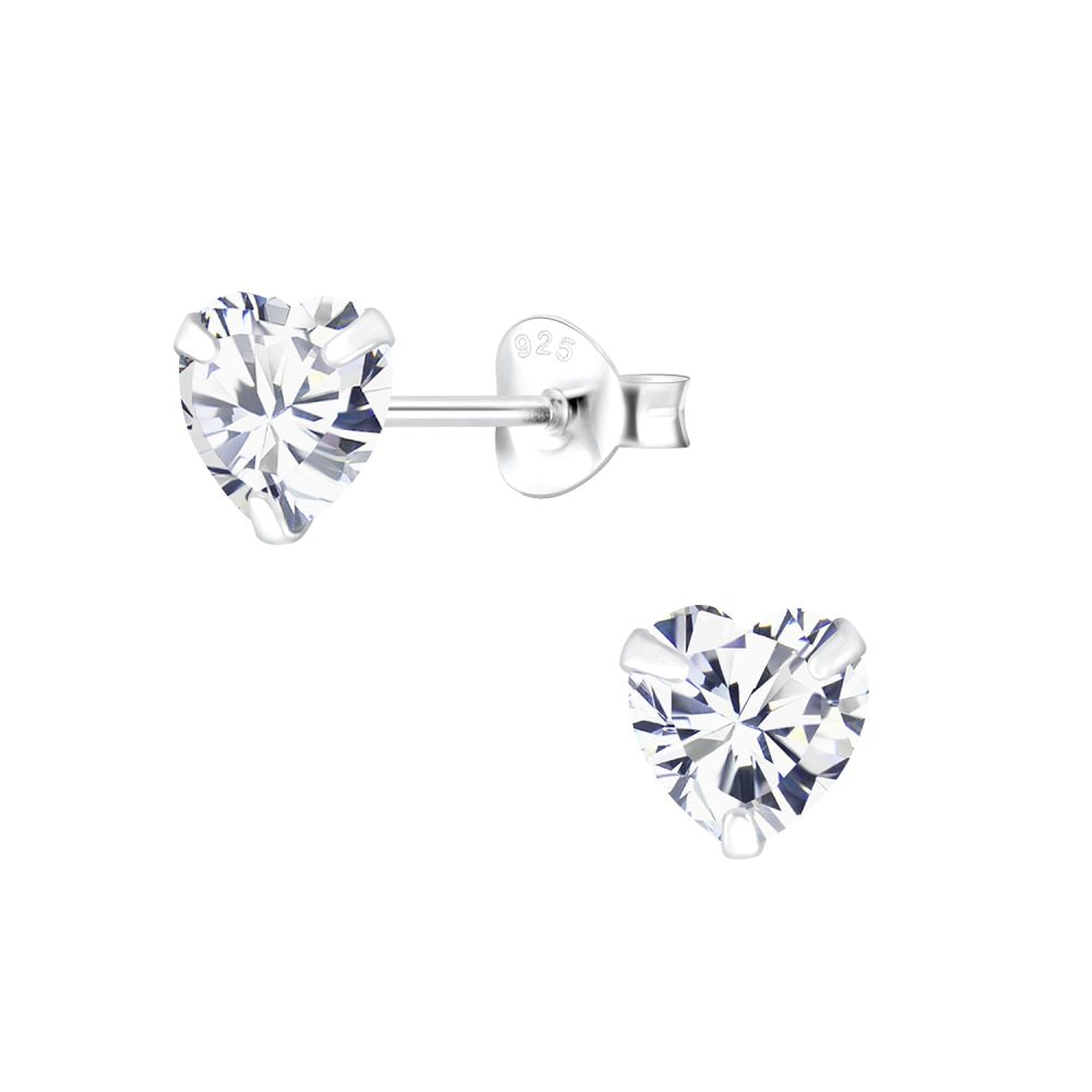 6mm Heart Cubic Zirconia Silver Stud Earrings - White - 925 Sterling Silver