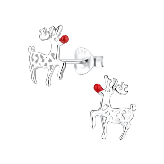 Silver Red Nose Reindeer Stud Earrings - 925 Sterling Silver Women's Jewelry