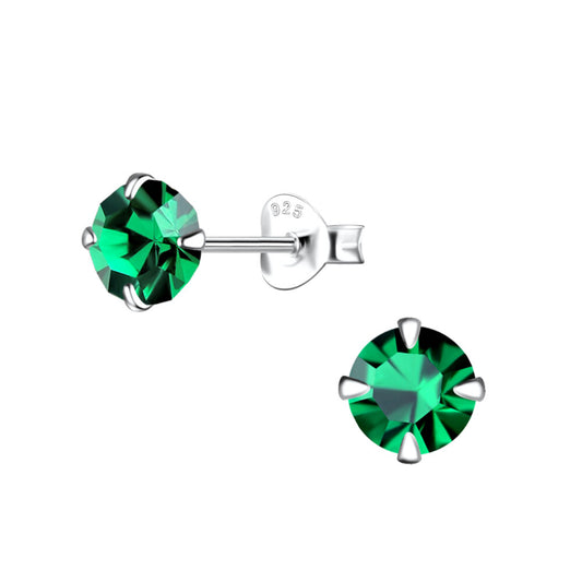 6mm Round Crystal Silver Stud Earrings - Emerald - 925 Sterling Silver Women's Jewelry