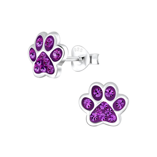 Paw Print Stud Earrings - Amethyst Purple - 8mm - 925 Sterling Silver