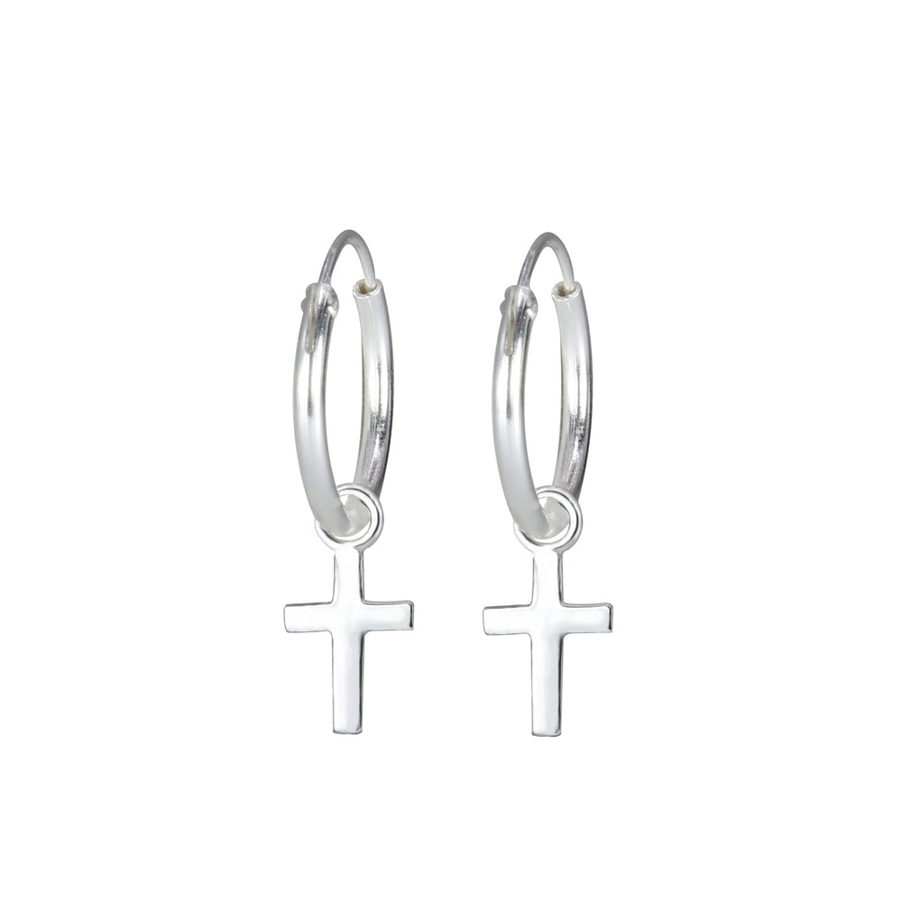 Cross Charm Hoop Earrings - 12mm - 925 Sterling Silver