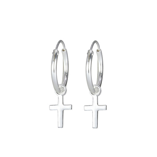 Cross Charm Hoop Earrings - 12mm - 925 Sterling Silver