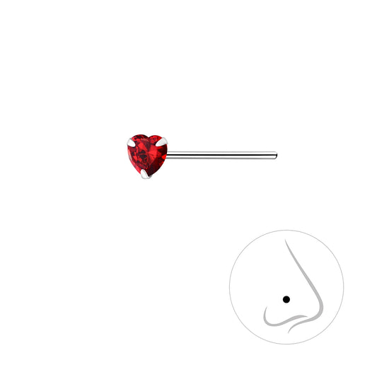 Heart Cubic Zirconia Silver Nose Stud - Garnet - 3mm - 925 Sterling Silver