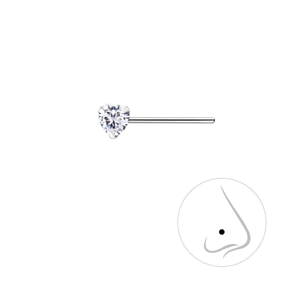 Heart Cubic Zirconia Silver Nose Stud - White - 3mm - 925 Sterling Silver