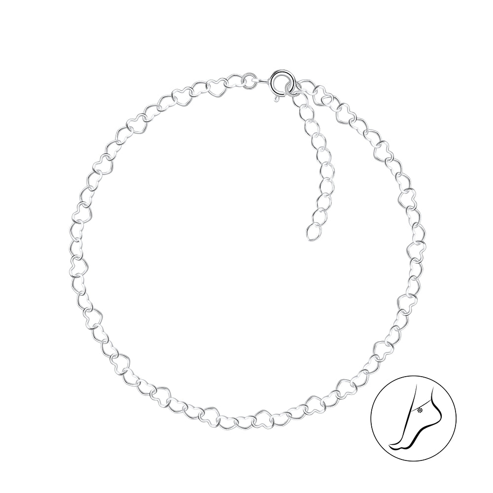 Heart Anklet - Extendable to 9 Inches - 925 Sterling Silver