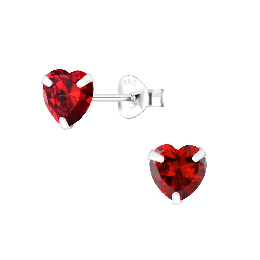 6mm Heart Cubic Zirconia Silver Stud Earrings - Garnet - 925 Sterling Silver