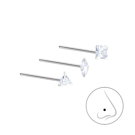 Mixed Nose Jewelry Set, 3 CZ Nose Studs - 925 Sterling Silver Women's Jewelry