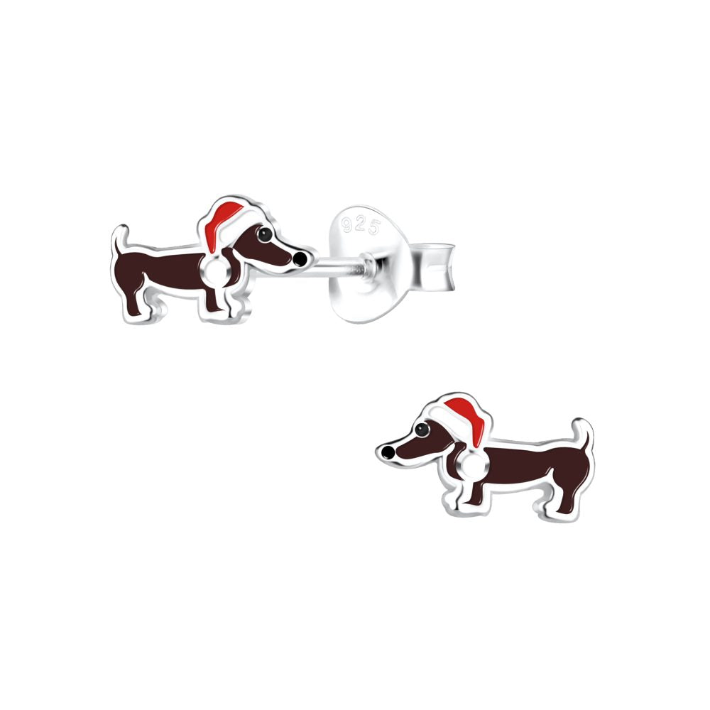 Silver Christmas Dog Stud Earrings - 925 Sterling Silver Women's Jewelry