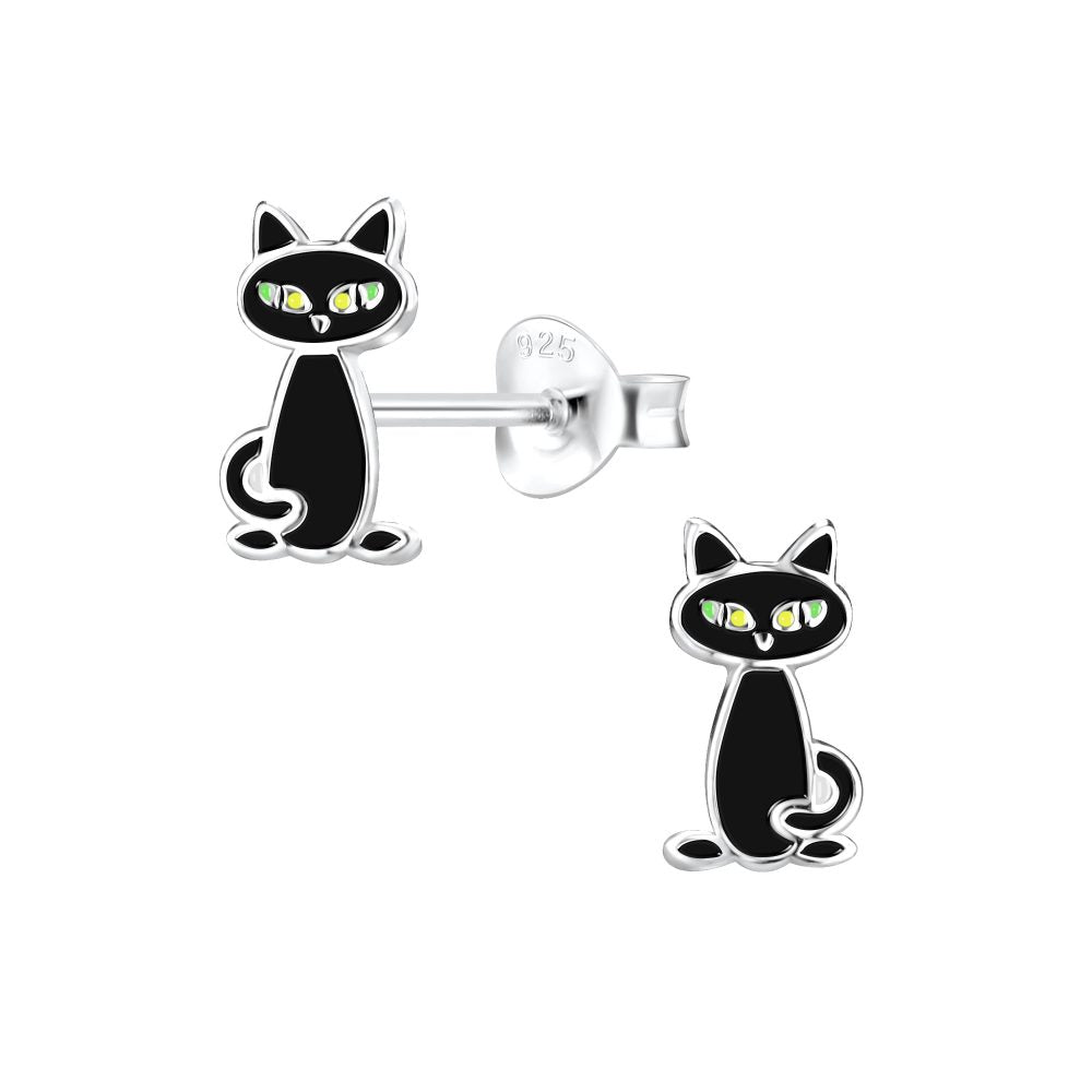 Black Cat Stud Earrings - 925 Sterling Silver