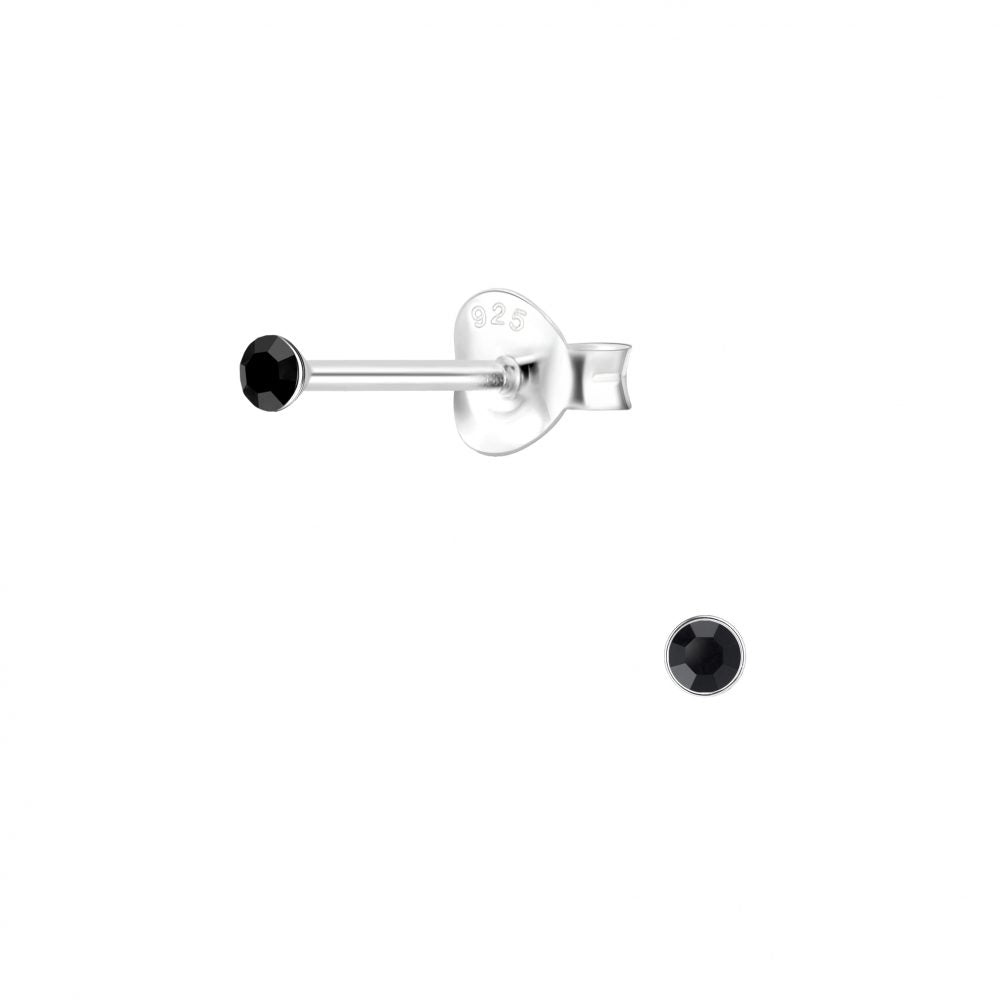 2mm Round Crystal Silver Stud Earrings - Jet - 925 Sterling Silver Women's Jewelry