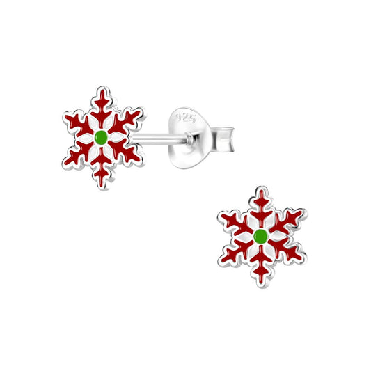 Red Snowflake Stud Earrings - 925 Sterling Silver Women's Jewelry