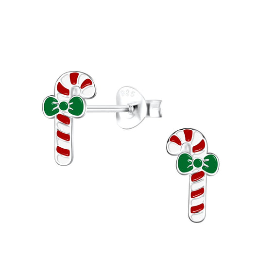 Silver Candy Cane Stud Earrings - 925 Sterling Silver Women's Jewelry