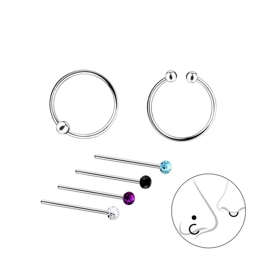 Mixed Nose Jewelry Set, 2 Nose Rings, 4 Nose Stud - 925 Sterling Silver Women's Jewelry