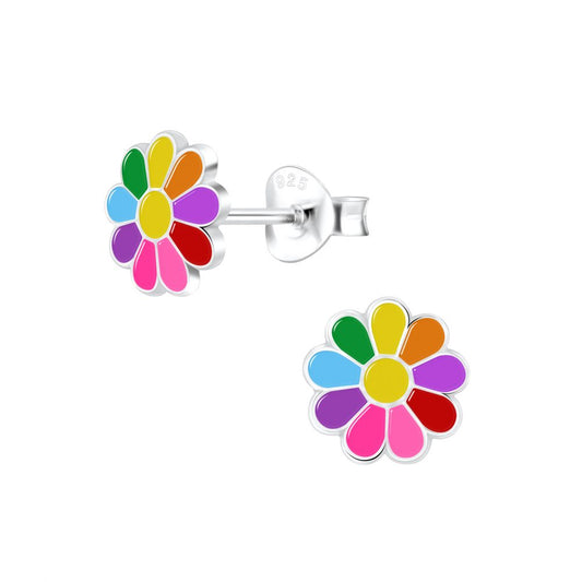 Rainbow Daisy Flower Stud Earrings - 925 Sterling Silver Women's Jewelry