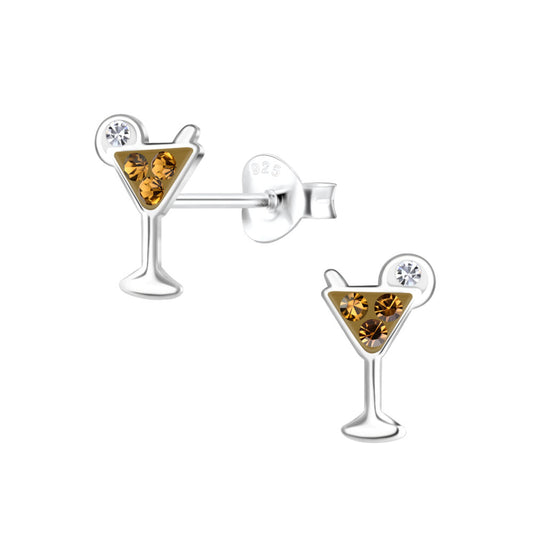 Silver Cocktail Glass Stud Earrings - 925 Sterling Silver Women's Jewelry