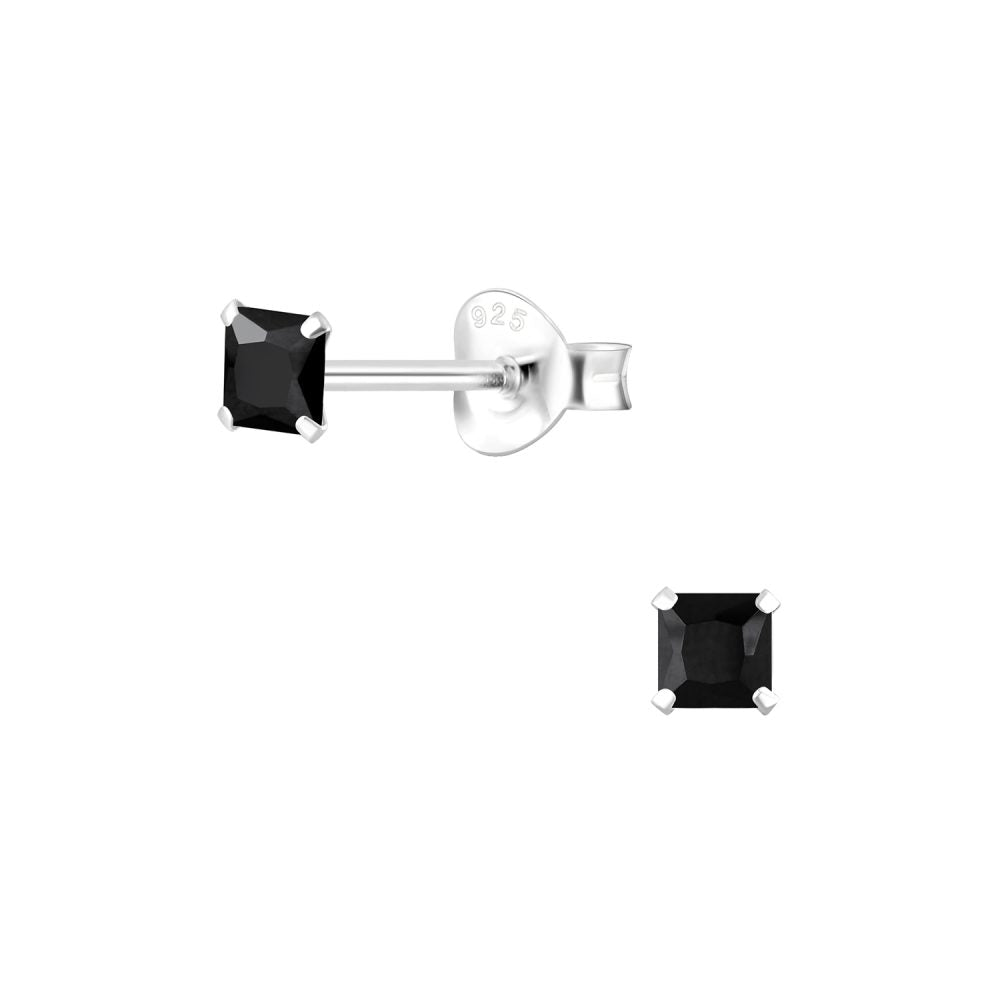 3mm Square Cubic Zirconia Silver Stud Earrings - Black - 925 Sterling Silver Women's Jewelry