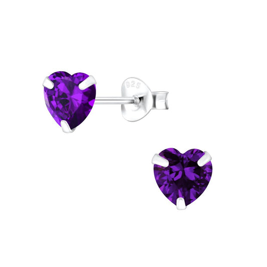 6mm Heart Cubic Zirconia Silver Stud Earrings - Amethyst - 925 Sterling Silver