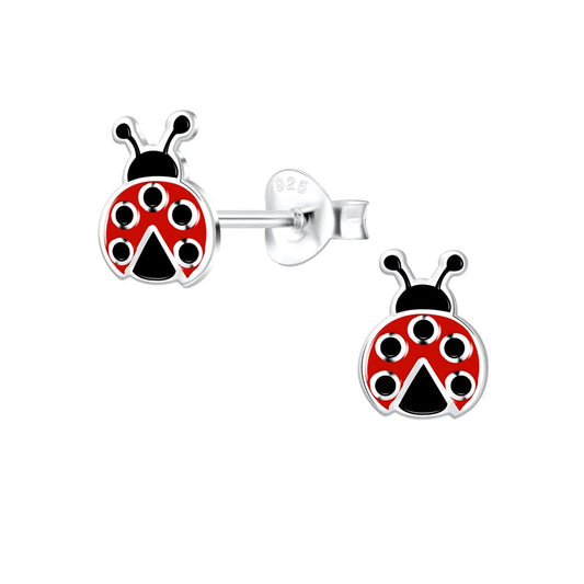 Ladybug Stud Earrings Black Red - 925 Sterling Silver Women's Jewelry