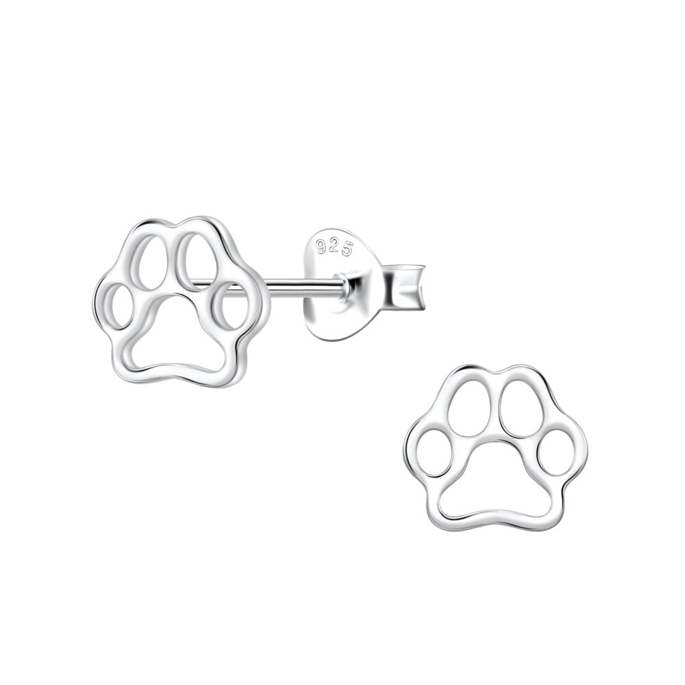 Silver Paw Print Stud Earrings - 925 Sterling Silver Women's Jewelry