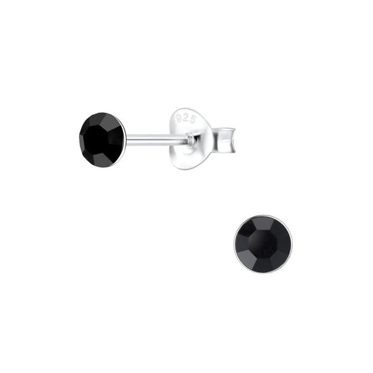 4mm Round Crystal Silver Stud Earrings - Jet - 925 Sterling Silver Women's Jewelry