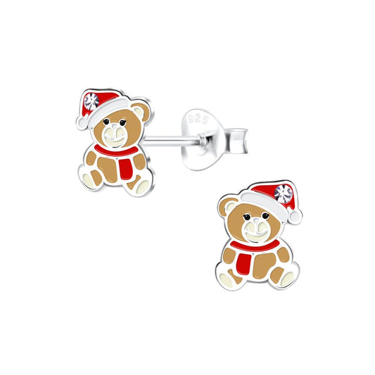 Silver Christmas Bear Stud Earrings - 925 Sterling Silver Women's Jewelry