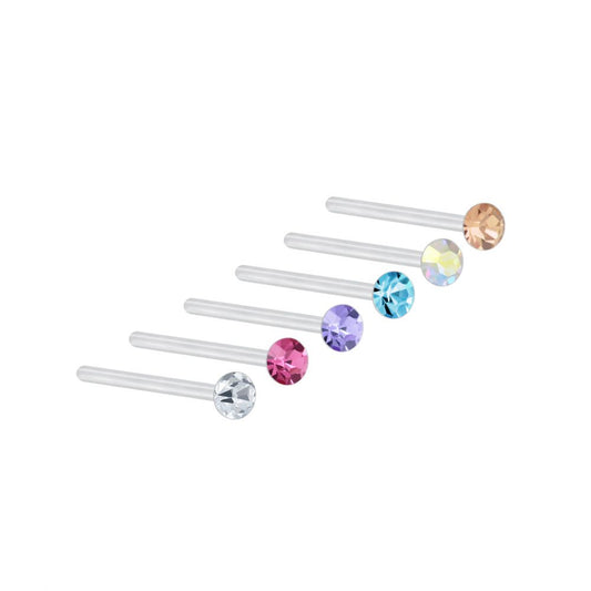 2mm Multi Color Crystal Silver Nose Stud Set - Pack of 6 - 925 Sterling Silver Women's Jewelry