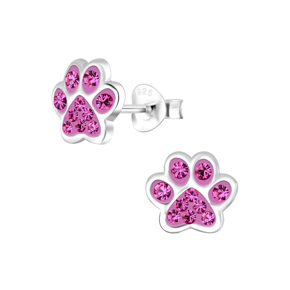 Silver Paw Print Stud Earrings - Rose - 925 Sterling Silver Women's Jewelry