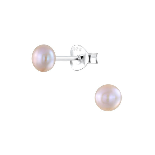 4mm Fresh Water Pearl Silver Stud Earrings - Peach - 925 Sterling Silver