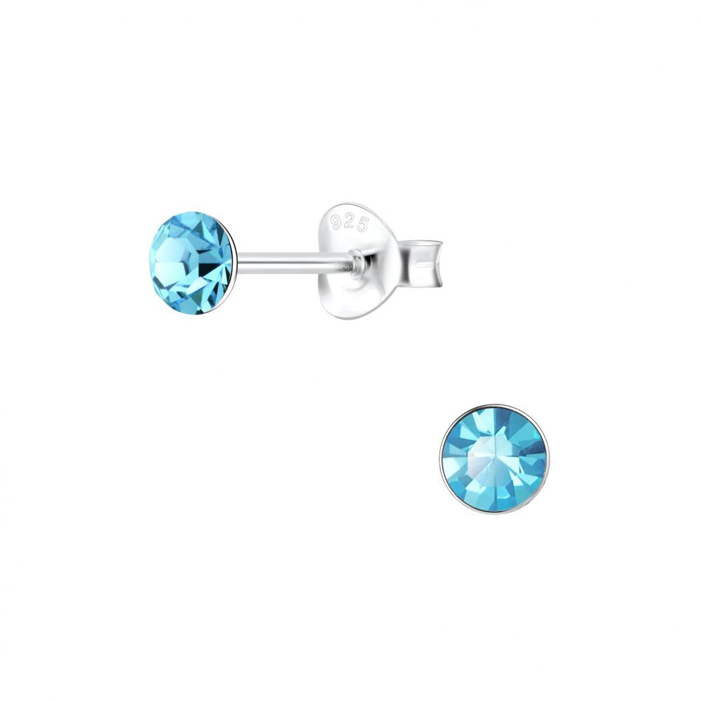 4mm Round Crystal Silver Stud Earrings - Aqua Bohemica - 925 Sterling Silver Women's Jewelry