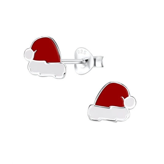 Silver Santa Hat Stud Earrings - 925 Sterling Silver Women's Jewelry