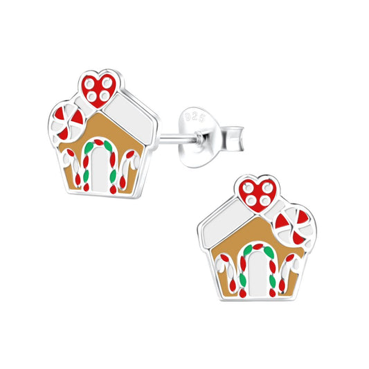 Silver Gingerbread House Stud Earrings - 925 Sterling Silver Women's Jewelry