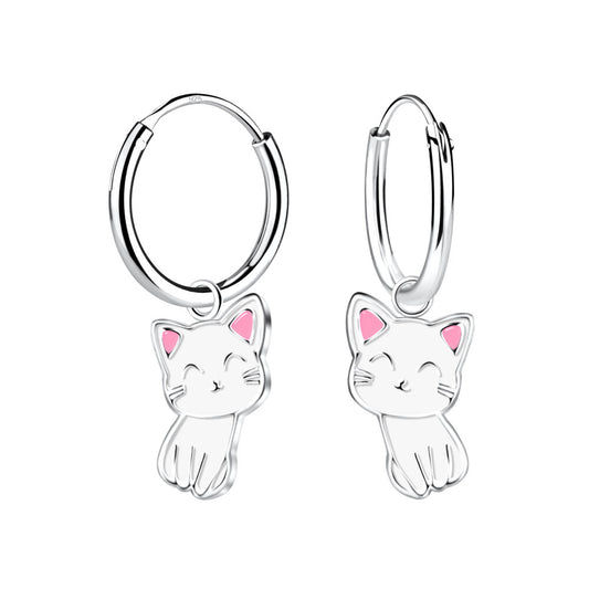 White Cat Charm Hoop Earrings - 12mm - 925 Sterling Silver