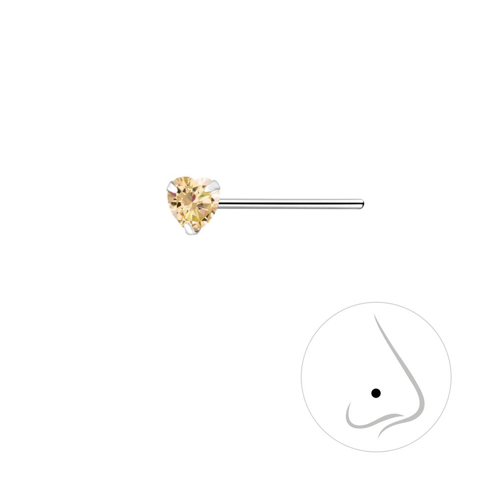 3mm Heart Cubic Zirconia Silver Nose Stud - Champagne - 925 Sterling Silver Women's Jewelry